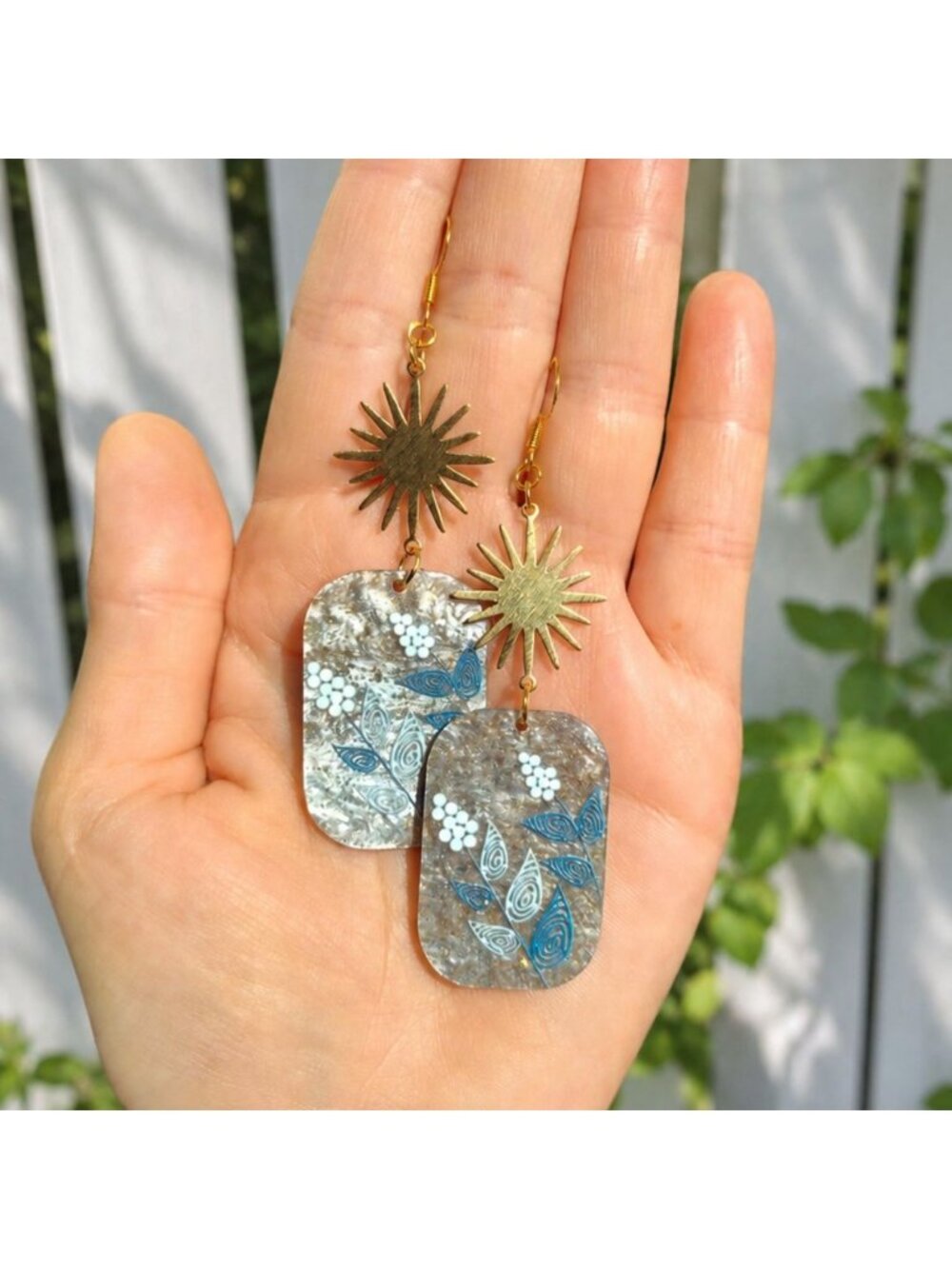 Celestial Sun Earrings Blue Botanical Earrings Nature Resin Earrings Gold